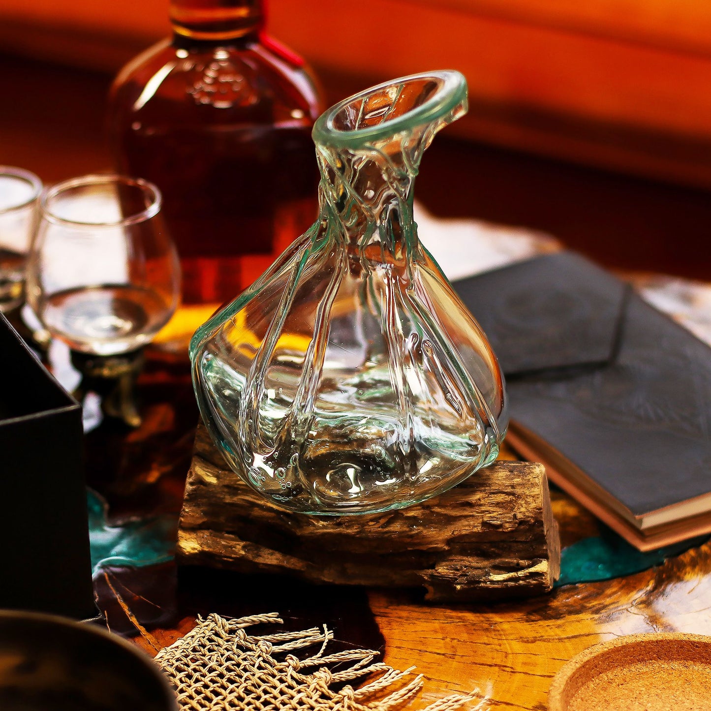 Molten Glass Fancy Mini Decanter on Wood 24cm